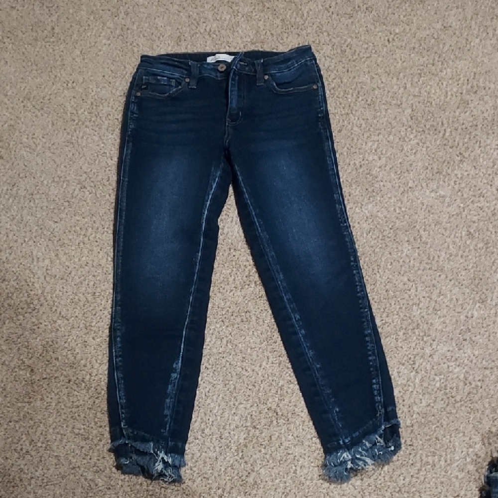 KanCan Dark Wash Distressed Hem Ankle Jeans Size 26 High Rise Skinny Raw Hem